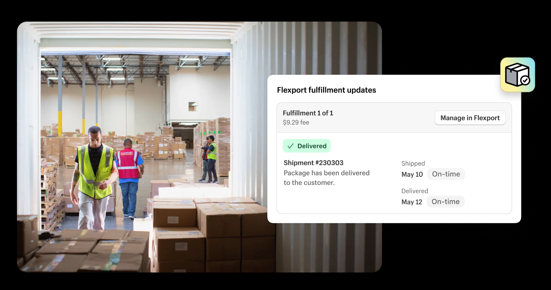 Screenshot showing an order that has been fulfilled by Flexport and delivered to your customer.