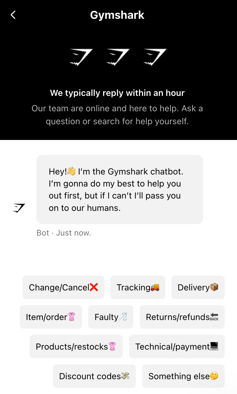 Gymshark chatbot welcome message