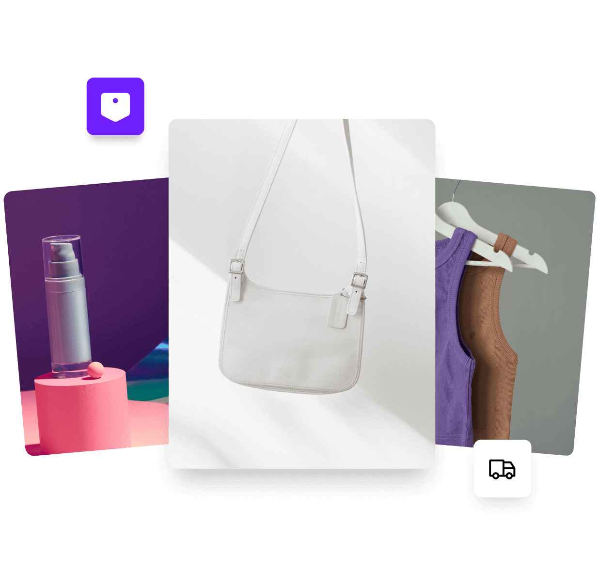 Drie productfoto's van een cosmetische spray, een witte leren handtas en twee topjes op een kleerhanger.