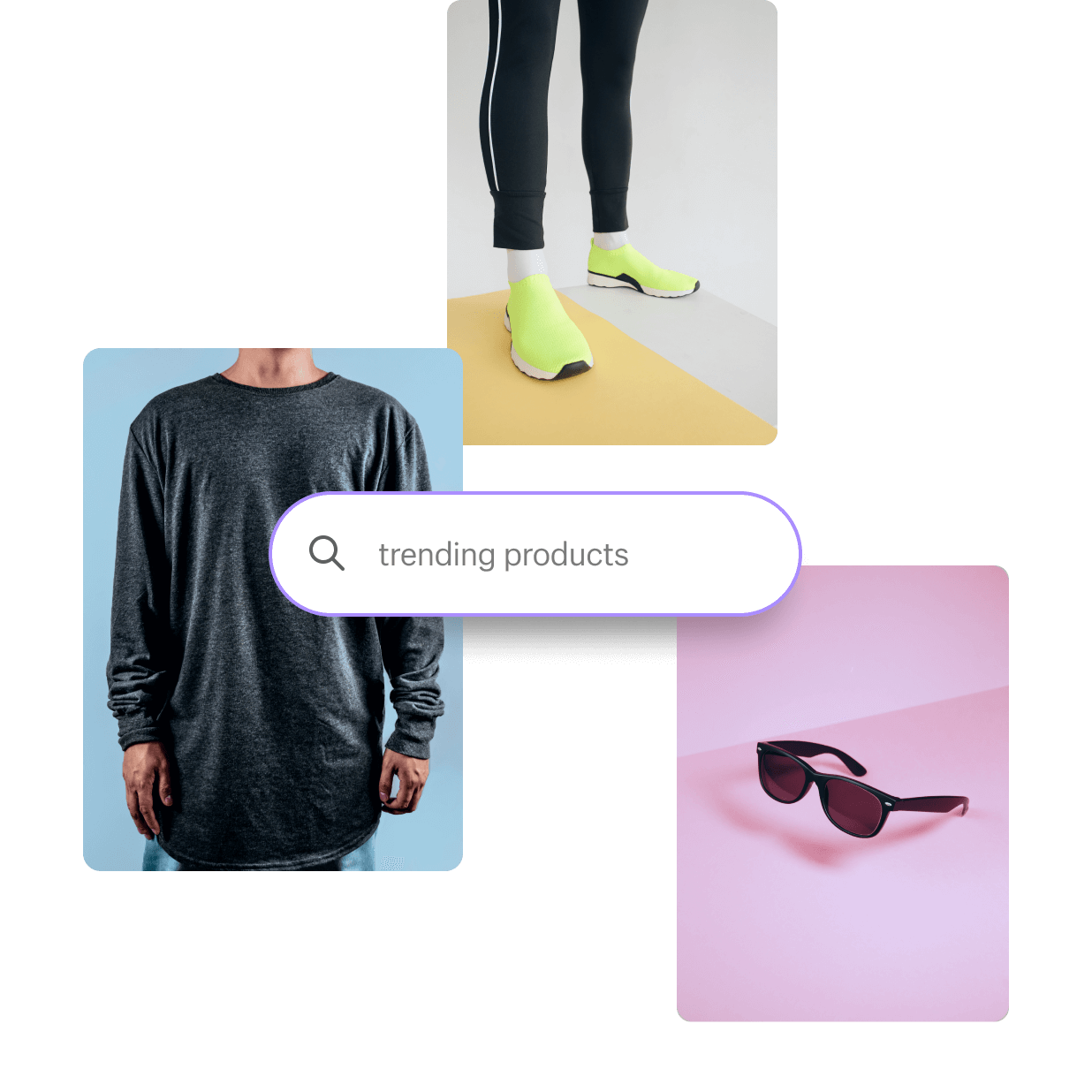 Een zoekbalk met de tekst Trending Producten, geplaatst over drie productafbeeldingen: een zwart T-shirt, een klassieke zonnebril en felgroene hardloopschoenen.
