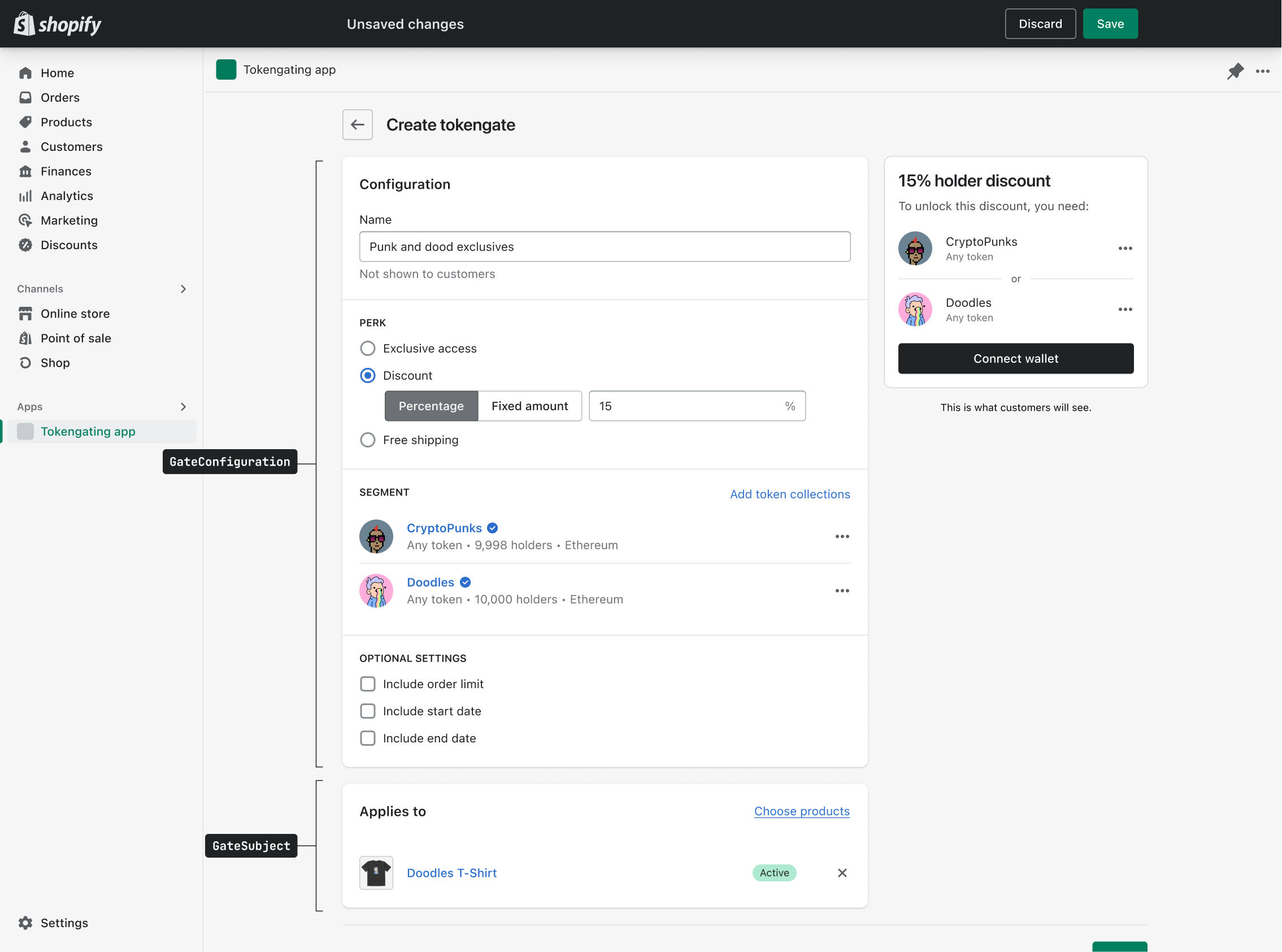 A merchant app showing how GateConfiguration and GateSubject could be presented to merchants during the gate creation process.