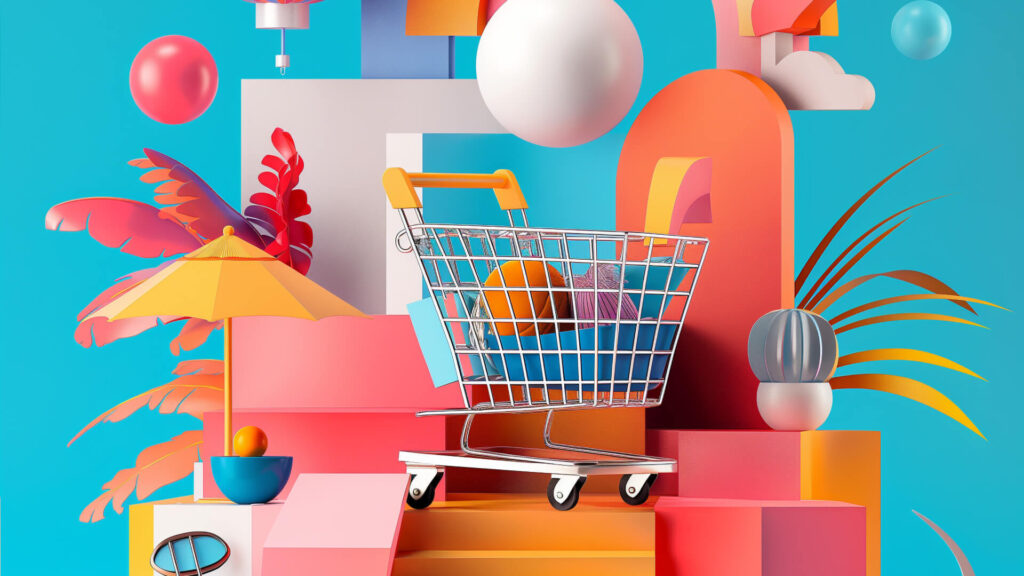 A shopping cart with objects, an umbrella, and a cacti