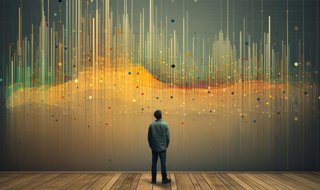 A person is looking at the abstract background including dots and lines