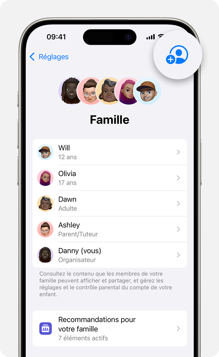 Écran d’iPhone montrant les étapes permettant d’ajouter un membre à votre groupe de partage familial