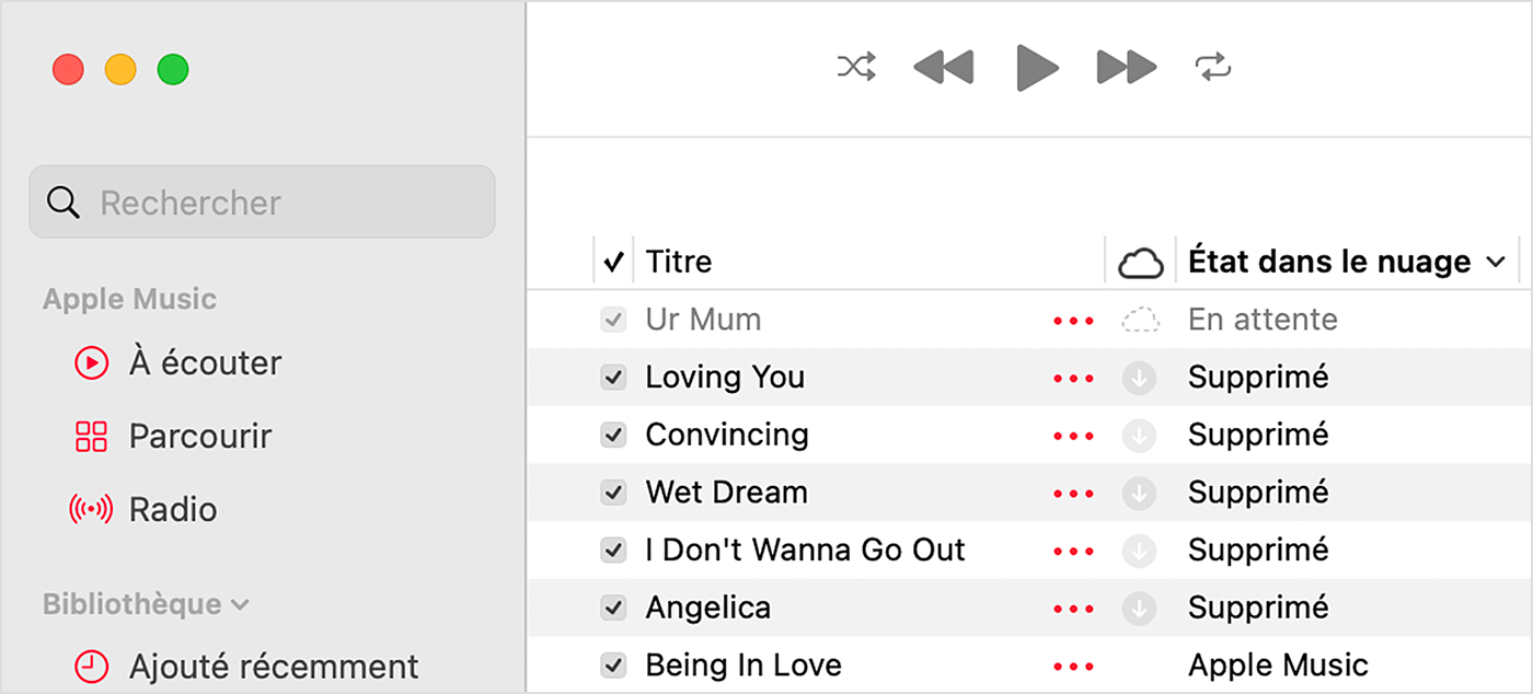 L’app Apple Music sur Mac affiche l’état dans le nuage à côté des chansons