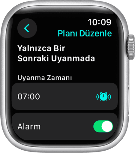 Apple Watch, Yalnızca Bir Sonraki Uyanmada için Uyanma Saati ve Alarmı ayarlama seçeneklerini gösteriyor.