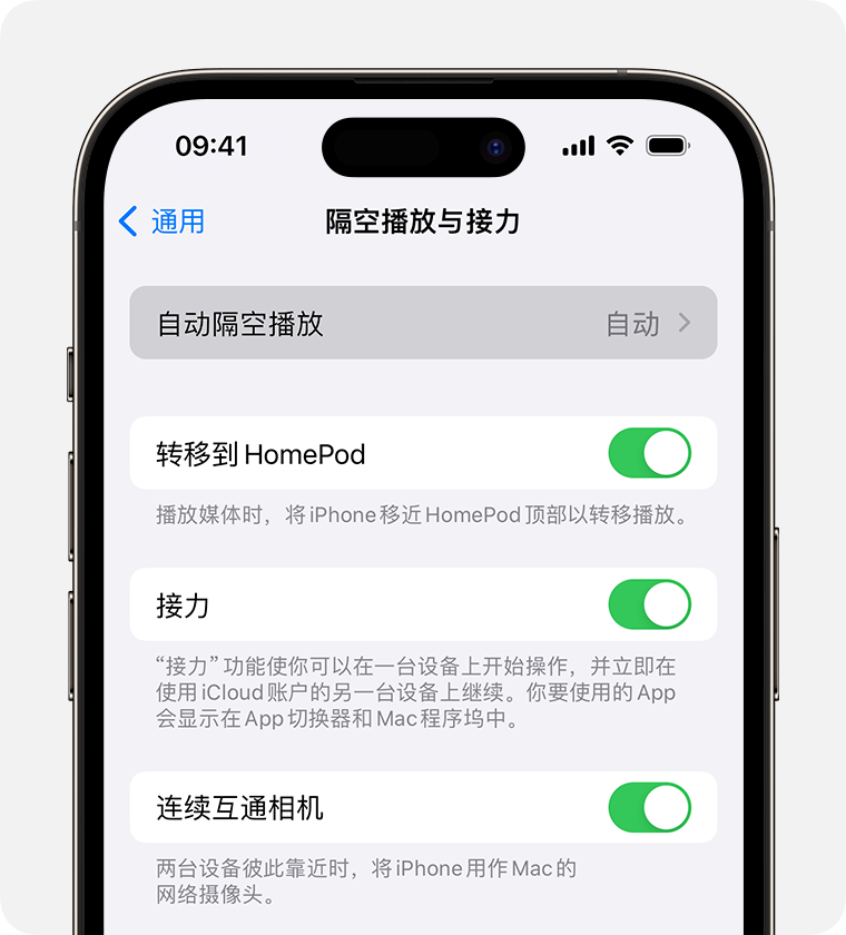 “隔空播放与接力”屏幕上为“自动隔空播放”选择了“自动”