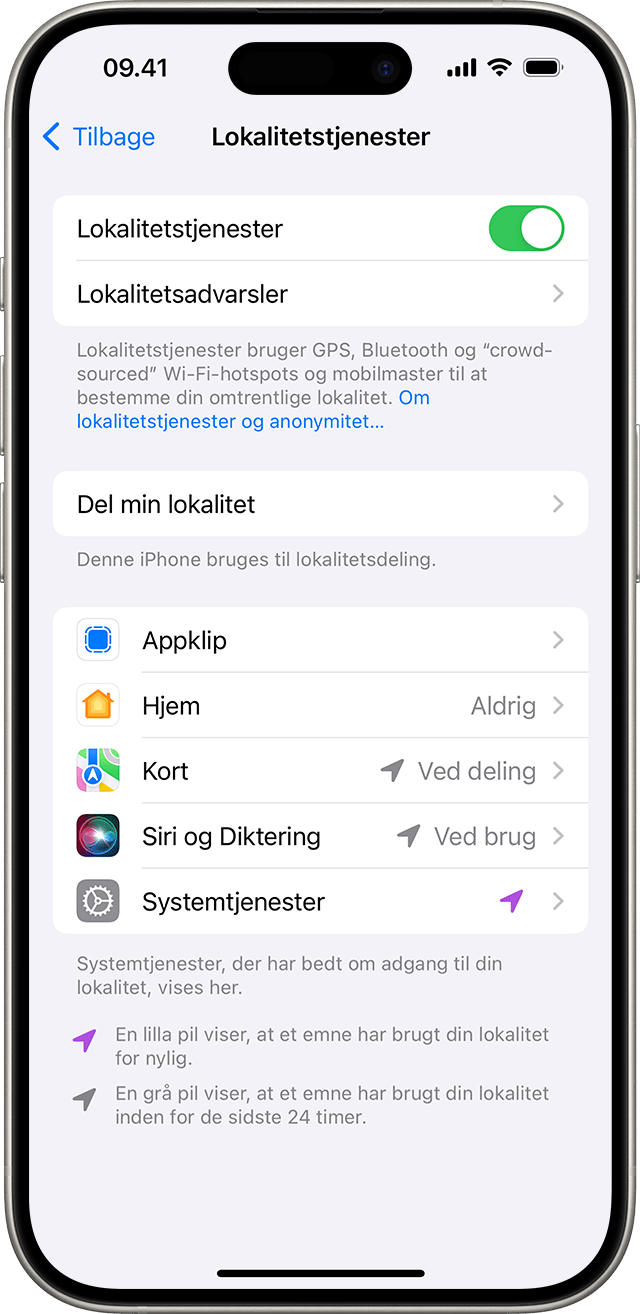 Ved at gå til Indstillinger > Anonymitet og sikkerhed > Lokalitetstjenester kan du ændre, hvordan individuelle apps kan bruge din lokalitet.