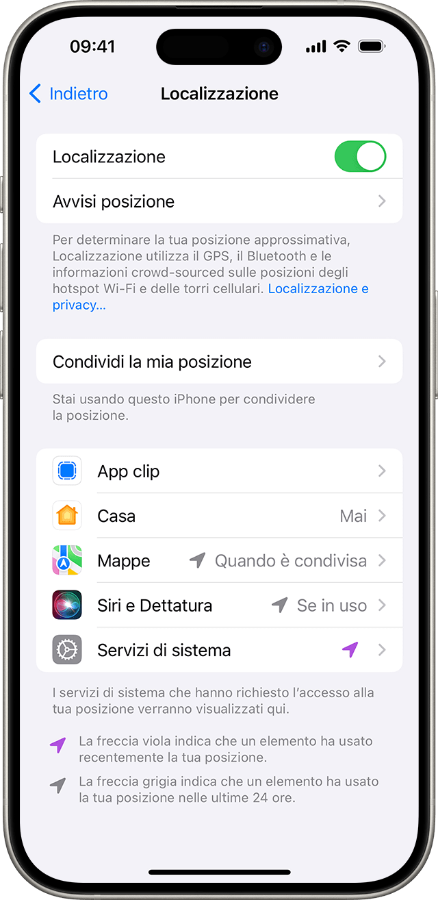 Quando vai su Impostazioni > Privacy e sicurezza > Localizzazione, puoi cambiare il modo in cui le singole app possono utilizzare la tua posizione.