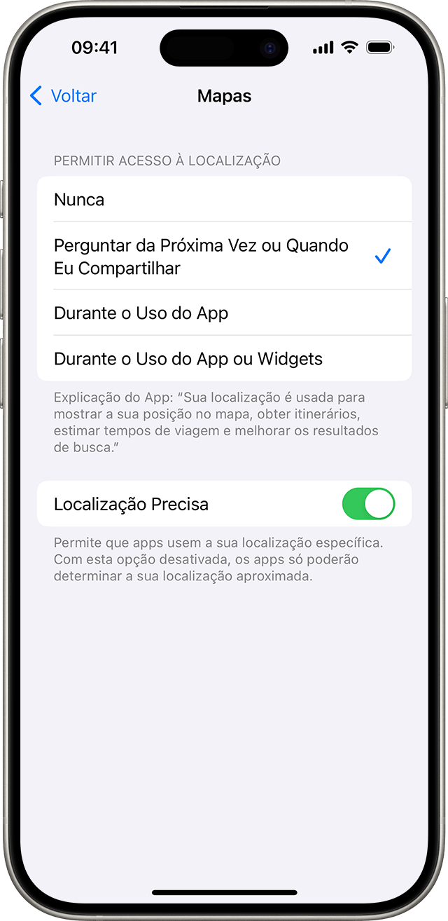 Quando a Localização Precisa é desativada, apenas a localização aproximada é compartilhada com o app selecionado.