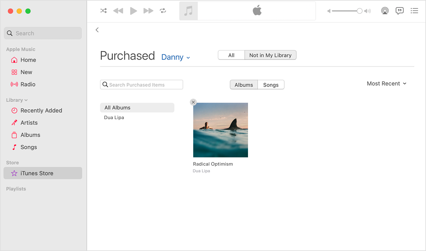 Apple Music app for Mac showing the Hide Purchases Button over a purchased item