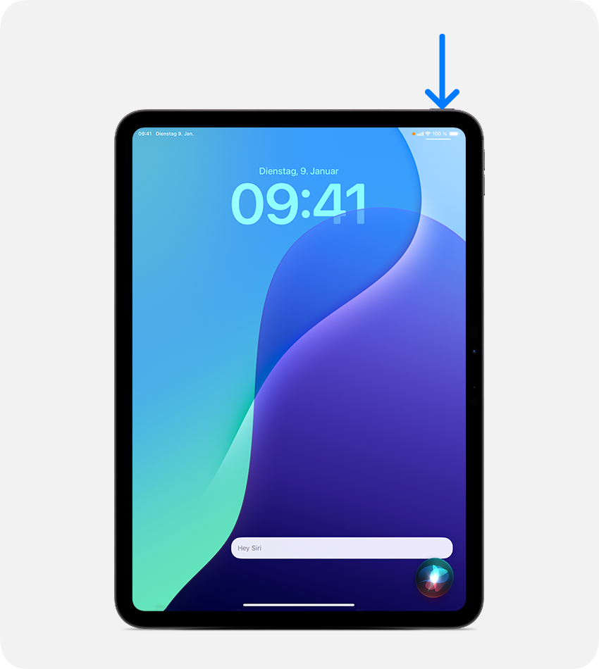 Die obere Taste deines iPad drücken, um Siri auf dich aufmerksam zu machen