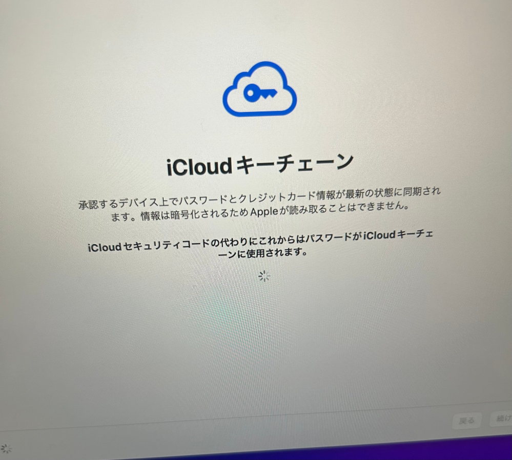 MacBookのiCloudキーチェーンという画面がアップデート後に出てきたのですがもう1時間くらいずっと読み込み中でぐるぐるしてて先に進みません どうすればいいでしょうか