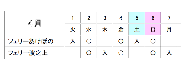 マルエーフェリーの運行スケジュールですが、 「入」とはどういう意味でしょうか？