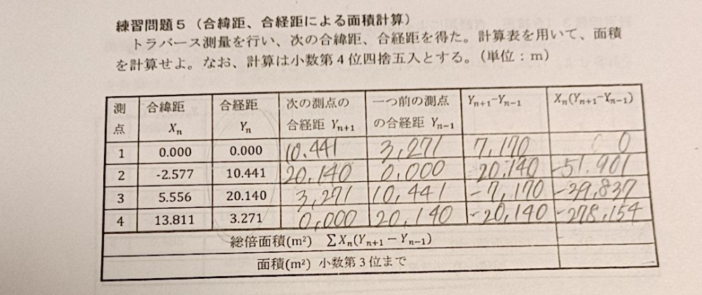 測量の合緯距、合経距による面積計算の問題です。どうしても総倍面積と面積かマイナス(−)になってしまいます、計算の見落としがあるのでしょうか…？教えて欲しいです！