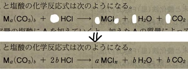 化学反応式の係数の付け方教えてください！！ 上のような式は書けたのですが、下のような係数を自力でつけられません。 ちなみにna=2bという関係があります。