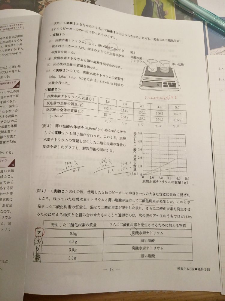 中三理科化学変化の問題です！ 写真の問3と問4がわかりません。 問4が特に分かりません(>_<) どなたかわかりやすく教えてください！ 回答お待ちしています。