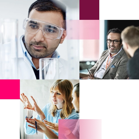 Top left image - Man looking at laboratory samples. Top right image - men talking. Bottom image - colleagues problem solving at computer together