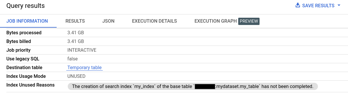 Job information showing why a search index was unused.