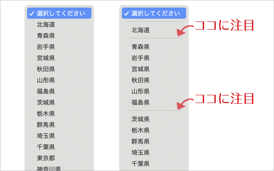 フォームのセレクトボックスで区切り線にhrを使用できるようになりました