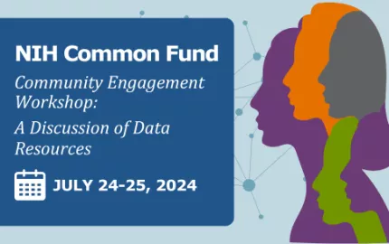 Light blue background with a network of dots, five silhouettes in four different colors are on the right. Text reads: NIH Common Fund. Community Engagement Workshop: A Discussion of Data Resources. July 24-25, 2024