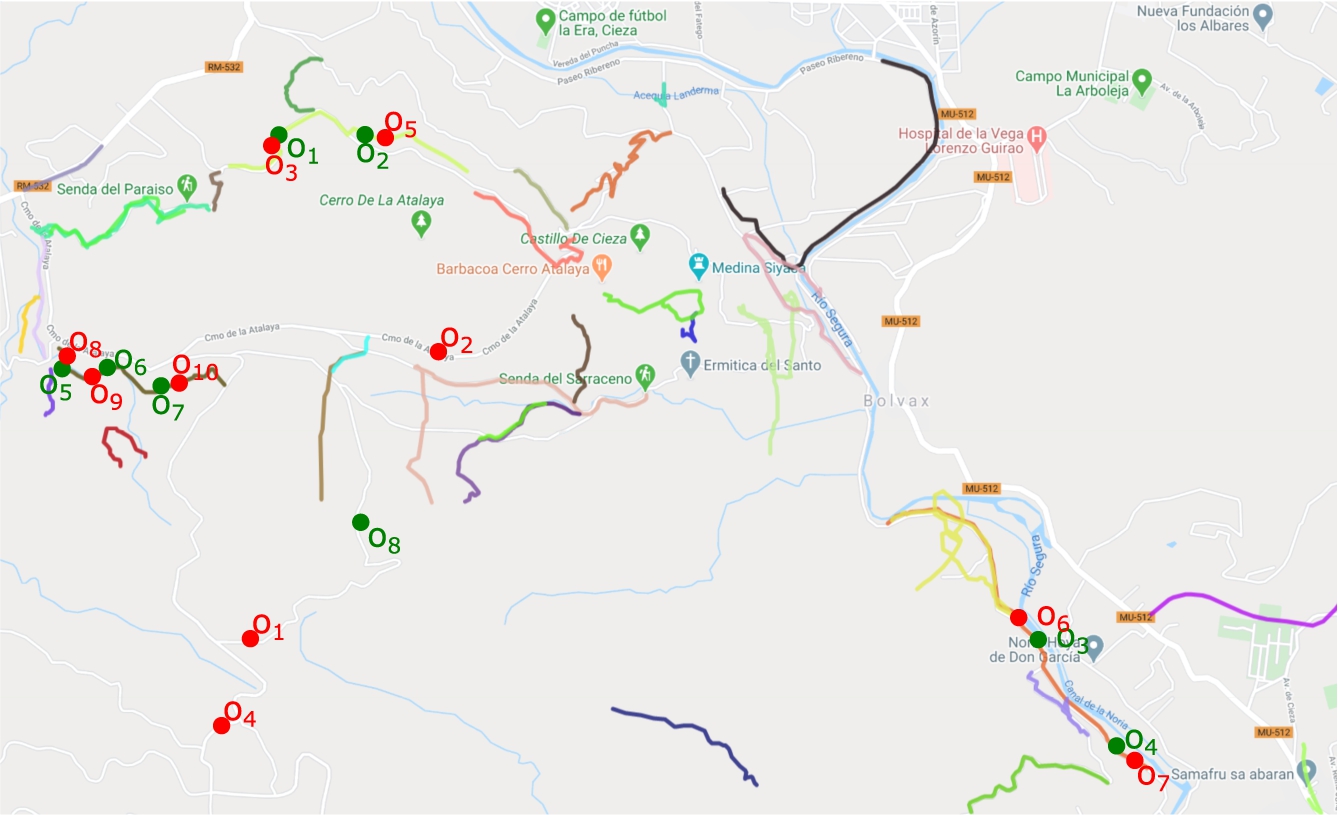 Location of the ten obstacles detected by SAMARITAN. Each obstacle is depicted as a red point whereas the true obstacles are shown in green.