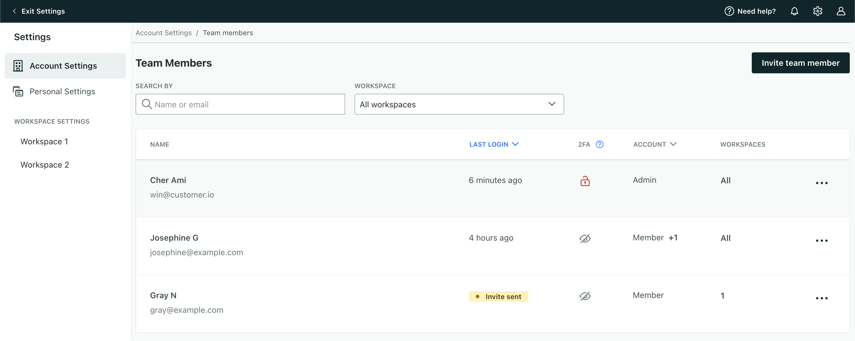 A screenshot of the team members page. There is a table with three team members listed. The column names are Name, Last Login, 2FA, Account, and Workspaces.