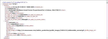 図1　ステータスXML：サンプルリクエストに対してTwitterが返すXMLデータ