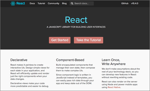 図1　公式Webサイトトップページ（https://facebook.github.io/react/）- 2016年11月時点