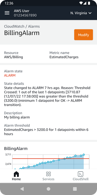 การแจ้งเตือนของแอป Console บนมือถือสำหรับ Android Cloudwatch