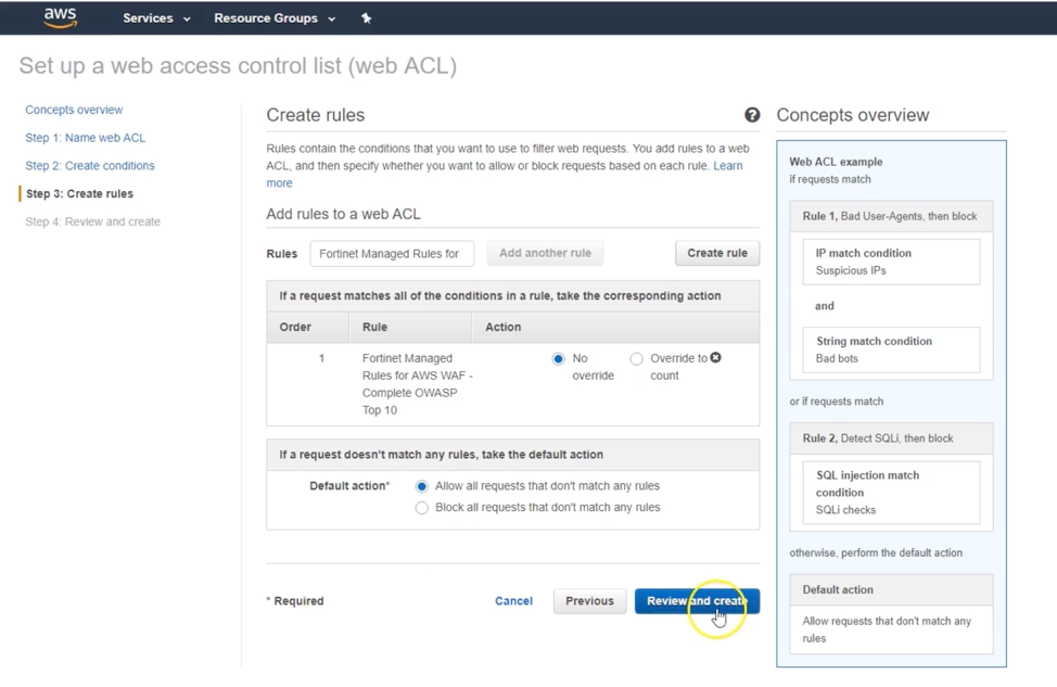 Fortinet create rules page