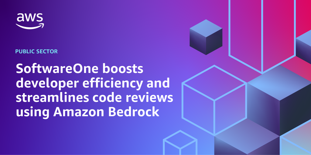 AWS branded background design with text overlay that says "SoftwareOne boosts developer efficiency and streamlines code reviews using Amazon Bedrock"