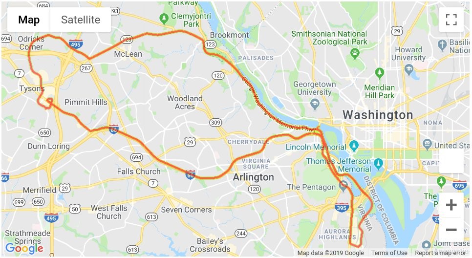 The dataset we acquired was a driving sample in the N. Virginia/Washington DC metro area, as shown in the following image