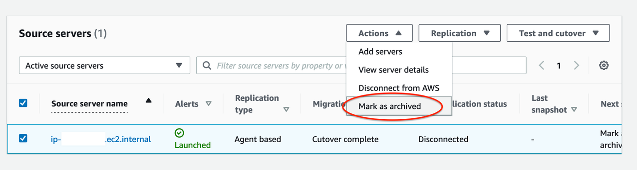 Figure 10. Mark source servers as archived that are cutover