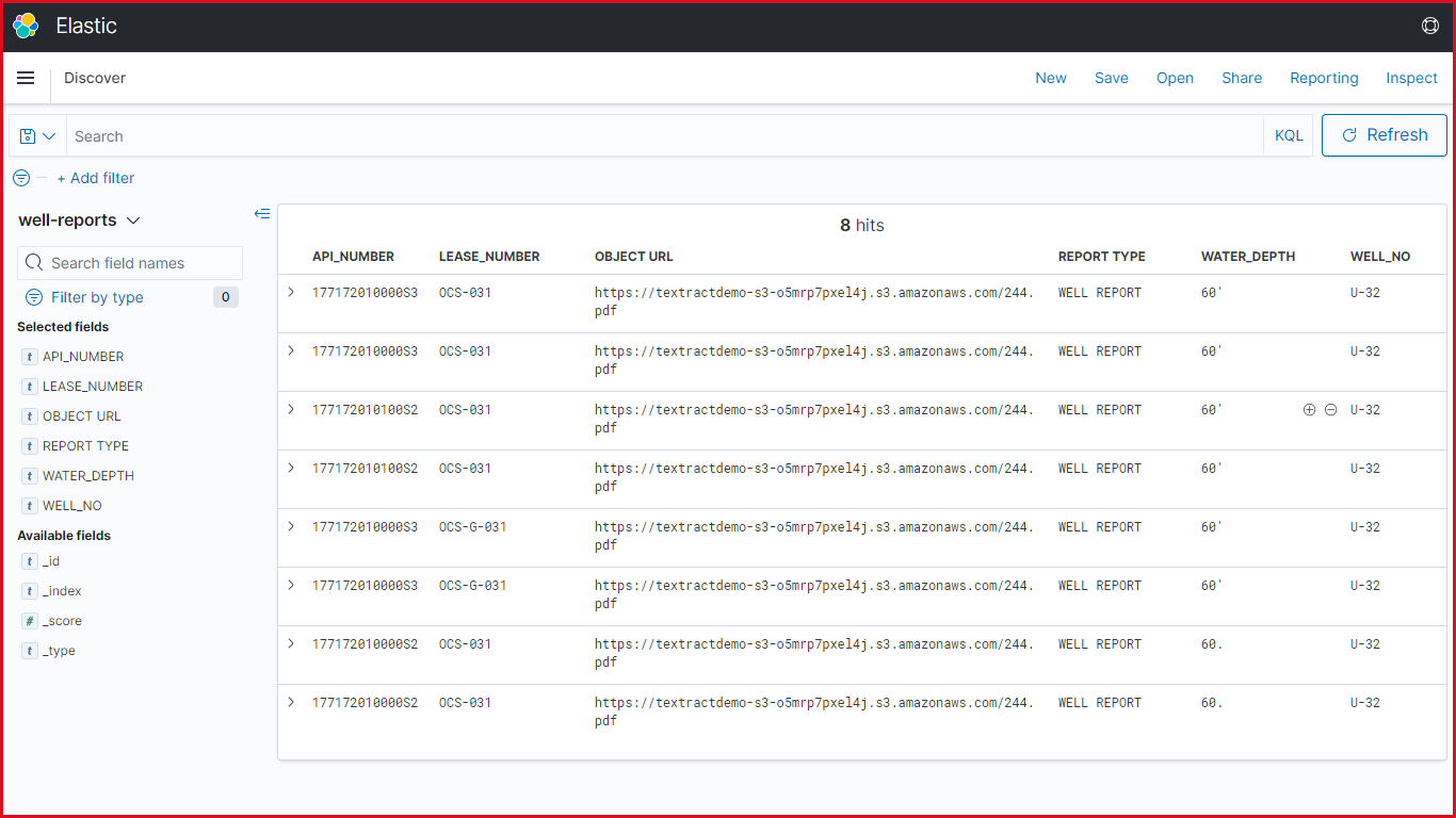 Figure 10. Kibana dashboard table view for selected fields