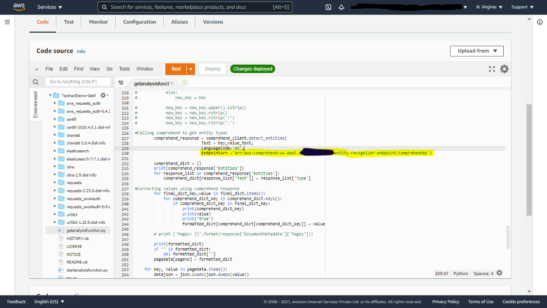 Figure 5. Lambda FunctionB configuration in Amazon Comprehend