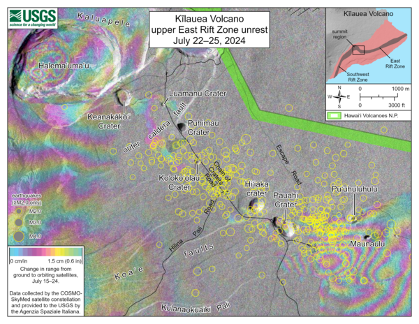 Color map showing ground deformation and earthquakes at a volcano