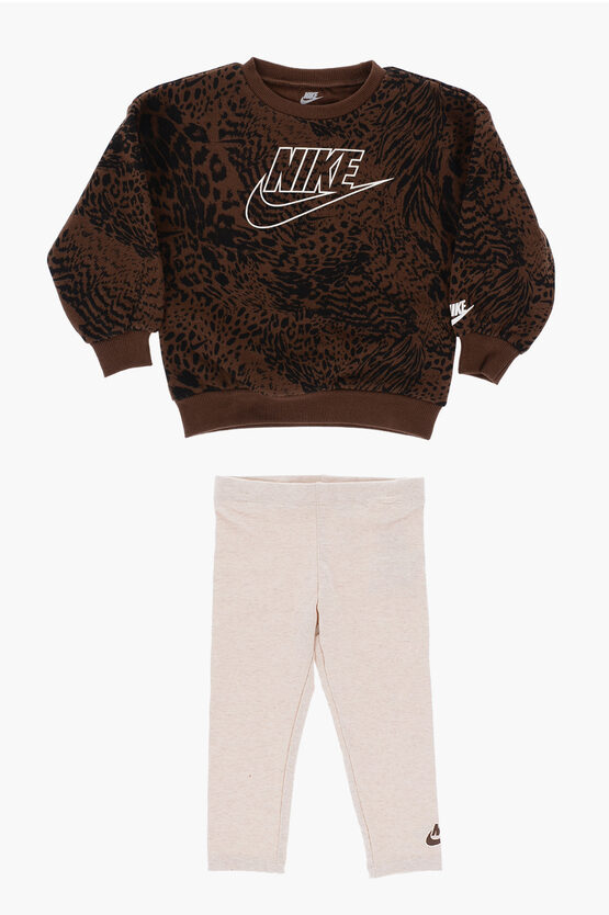 Nike Kids' Animal Printed Crew-neck Sweatshirt And Leggings Home Swoosh In Brown