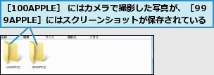 ［100APPLE］ にはカメラで撮影した写真が、［999APPLE］にはスクリーンショットが保存されている