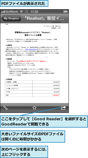 PDFファイルが表示された,ここをタップして［Good Reader］を選択するとGoodReaderで閲覧できる,大きいファイルサイズのPDFファイルは開くのに時間がかかる    ,次のページを表示するには、上にフリックする    