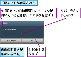 4［明るさの自動調整］にチェックが付いているときは、チェックをはずす,5 バーを左に  ドラッグ    ,6［OK］をタップ,画面の明るさが低めになった,［明るさ］が表示された