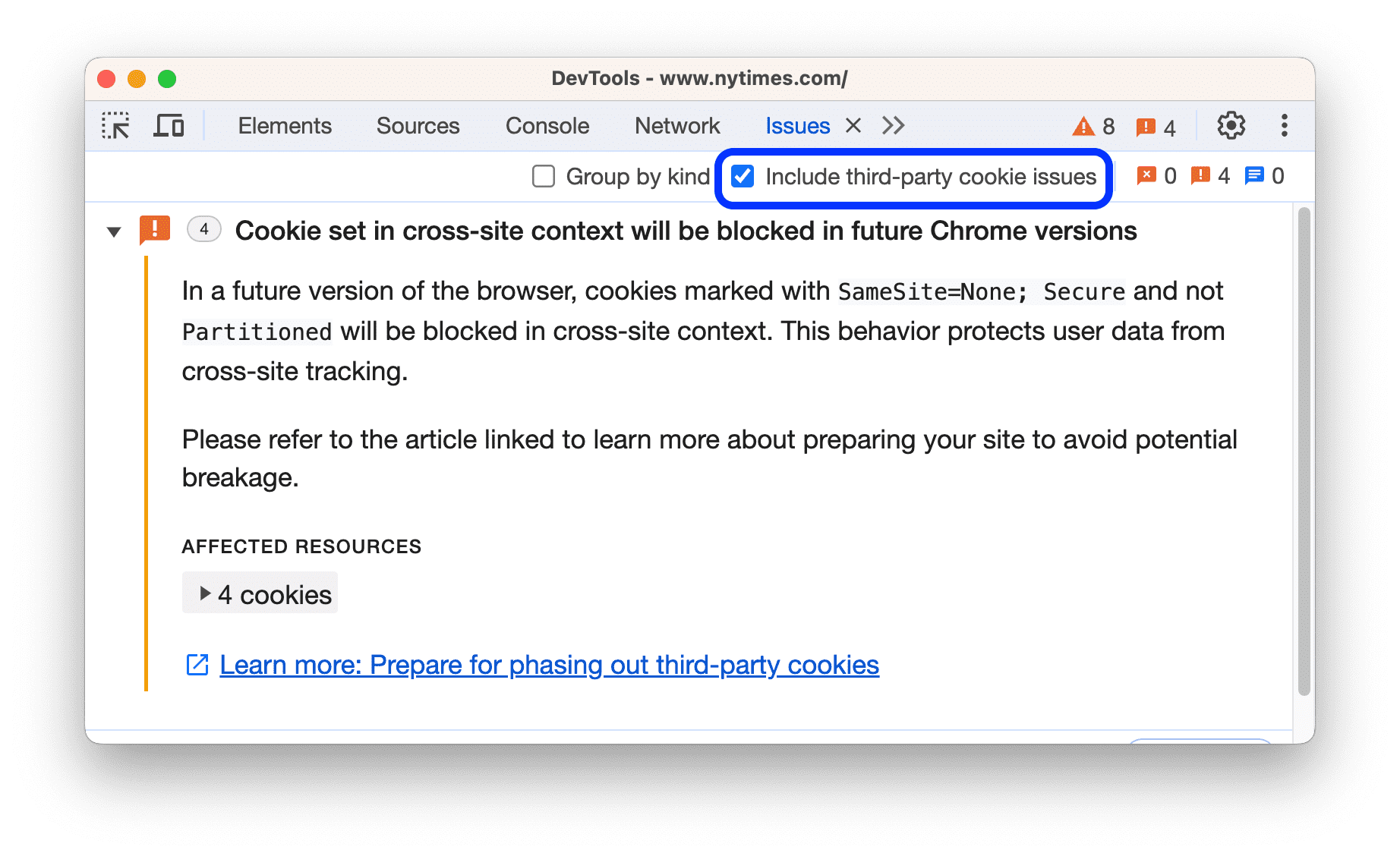 [問題] タブに、サードパーティ Cookie のサポート終了に関する警告が表示されます。