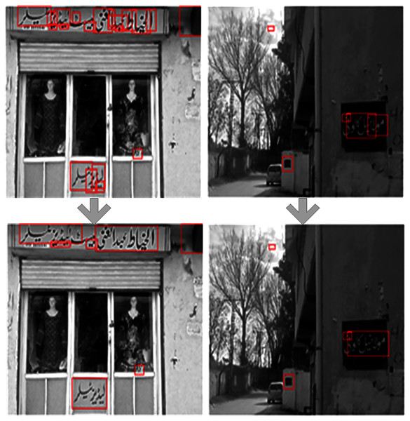 Text regions after SVM classification (top row).