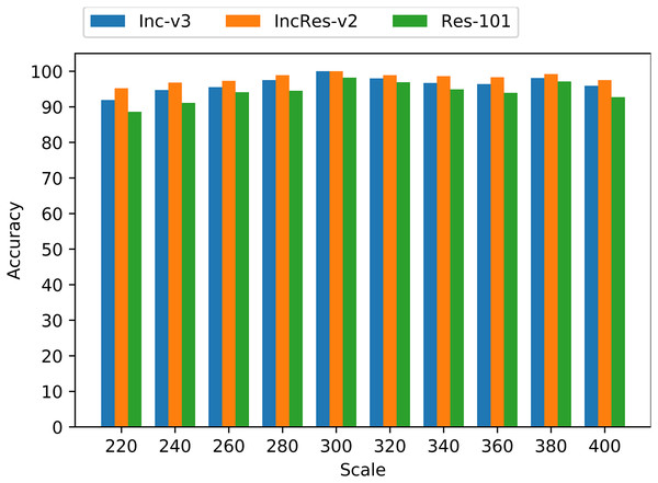 Accuracy of resizing transformed images on three models.