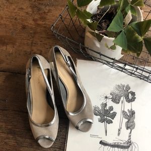 Cole Haan Taupe and Sliver Peep Toe Heels 9