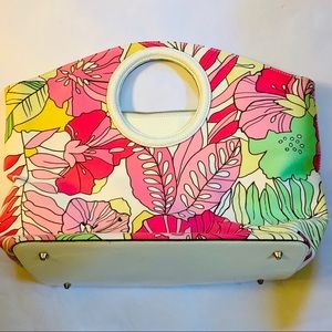 MAXXIMUM WHITE FLORAL PALMS CIRCLE HANDLE BAG