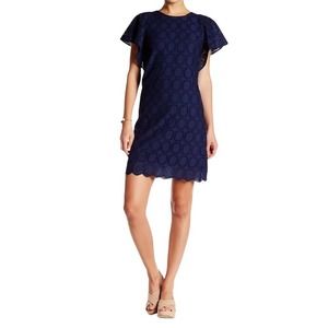 J. Crew Flutter Sleeve Crochet Navy Scalloped Eyelet Shift Dress Size 0