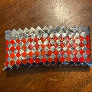 Metallic vintage small candy wrapper recycled hand woven cosmetic purse / clutch