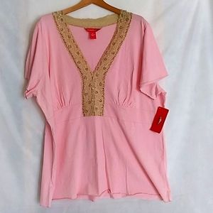 NWT Women's Top Short Sleevee V Neck Lace Sequins  4X Pink Mist Color