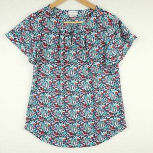 Van Heusen Womens Shirt Top Extra Small Blue Red Floral Short Sleeve Retro